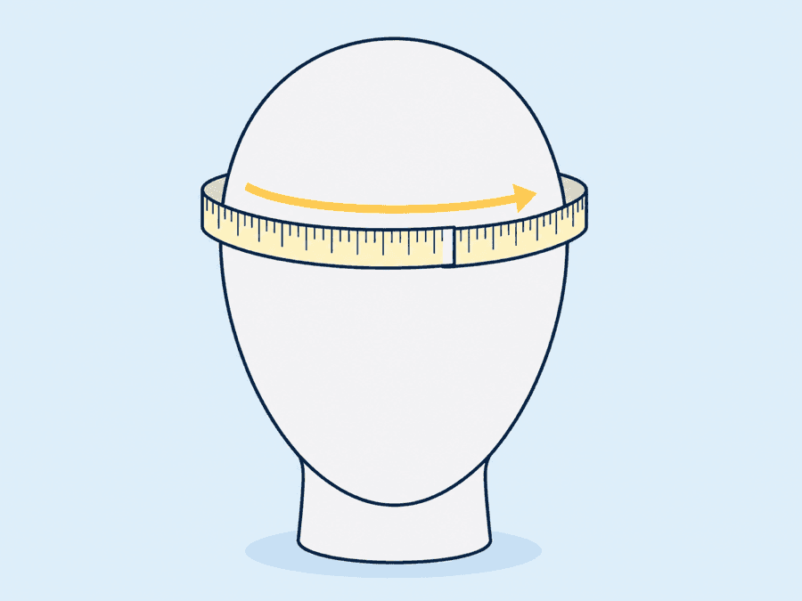 Diagram of a tape measure wrapped in a level ring around a head form just above the brow