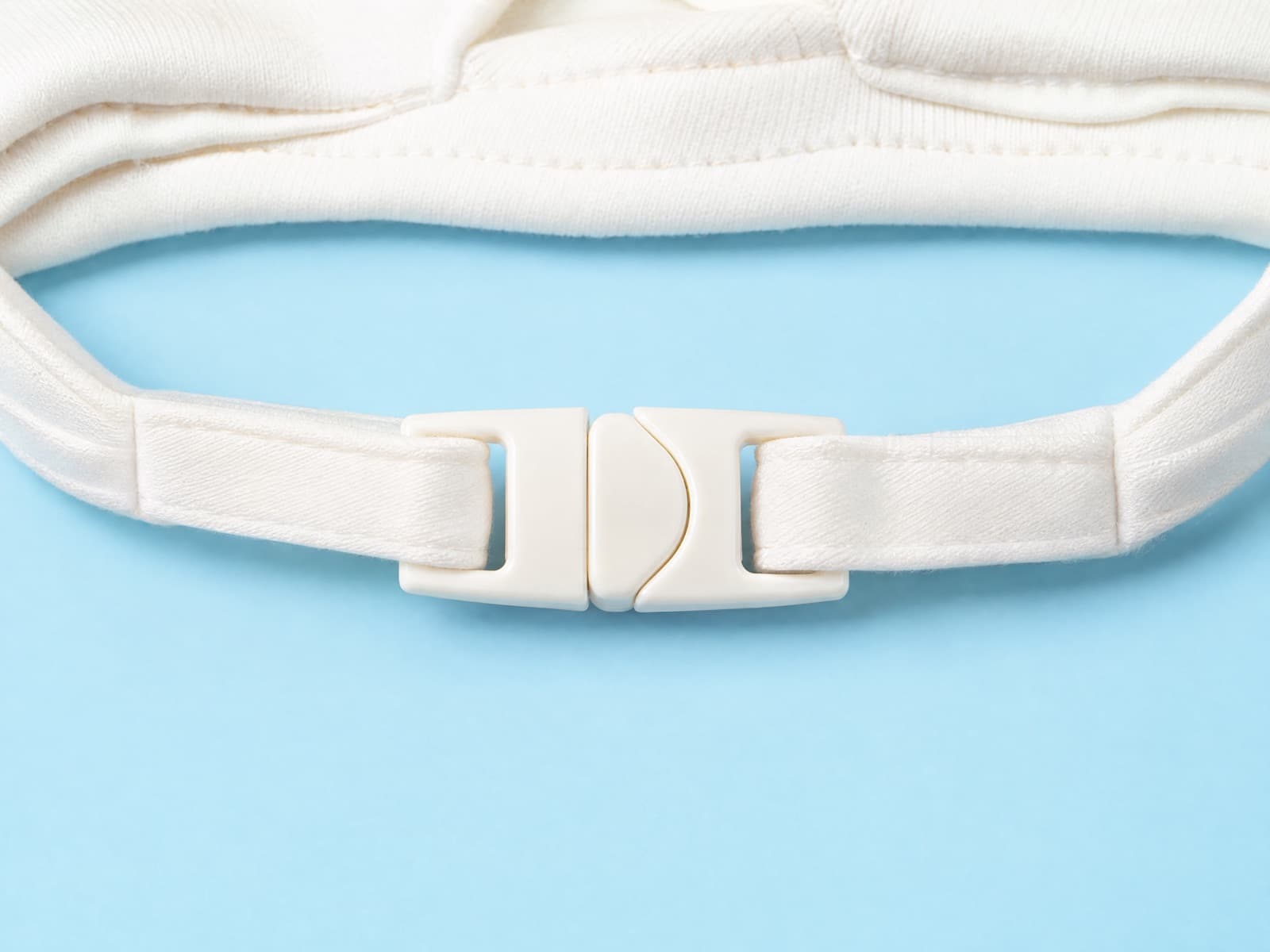 The chin fastener closed with the strap held taut