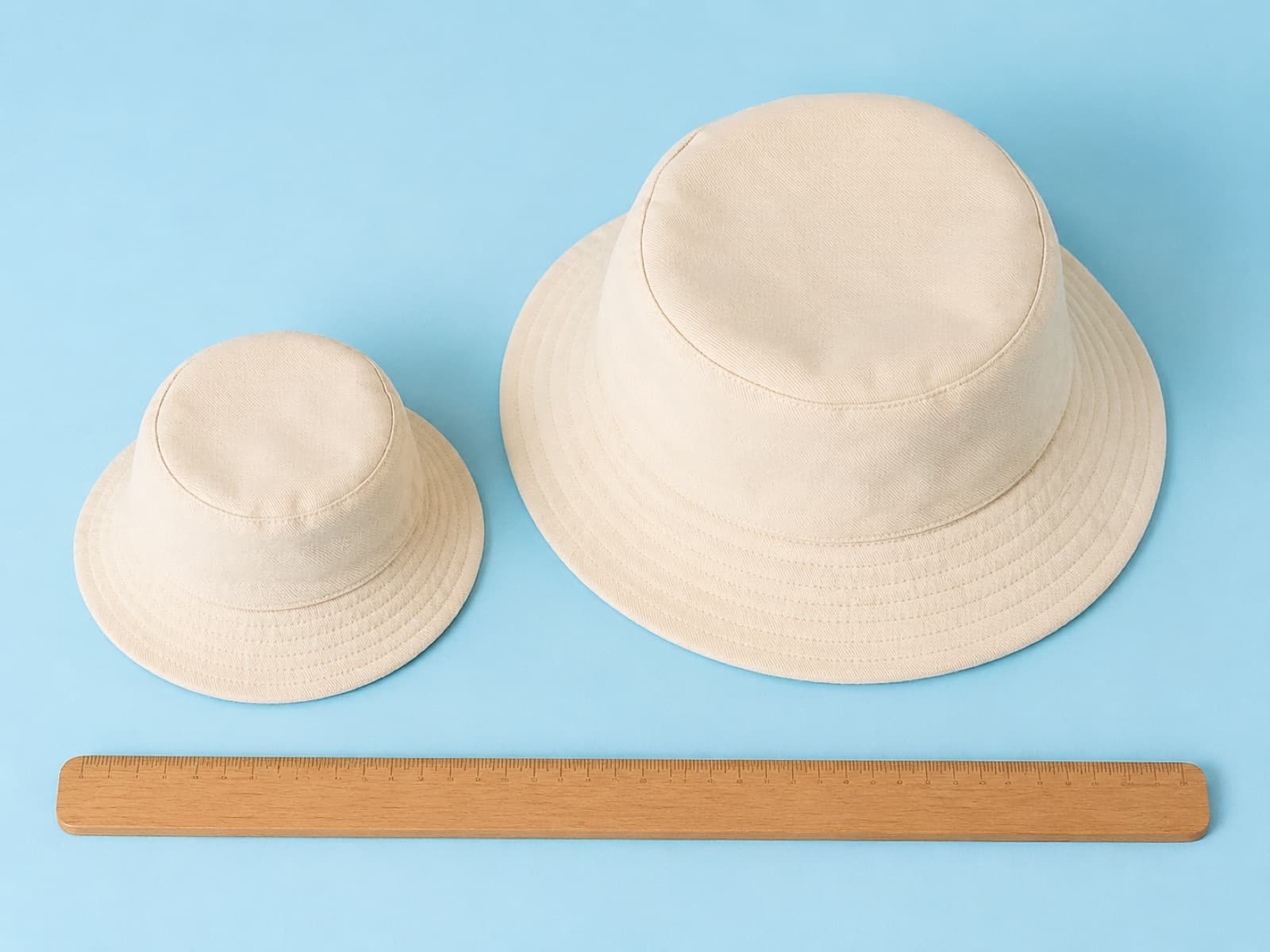 A baby bucket hat and an adult bucket hat laid side by side