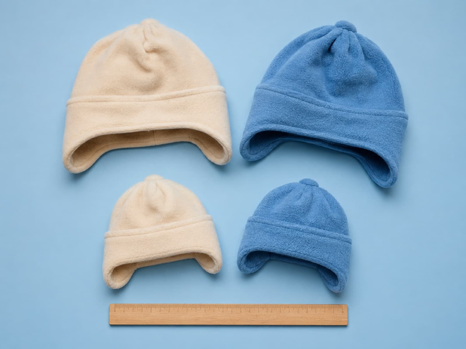 Four fleece hats in graduated sizes laid out together