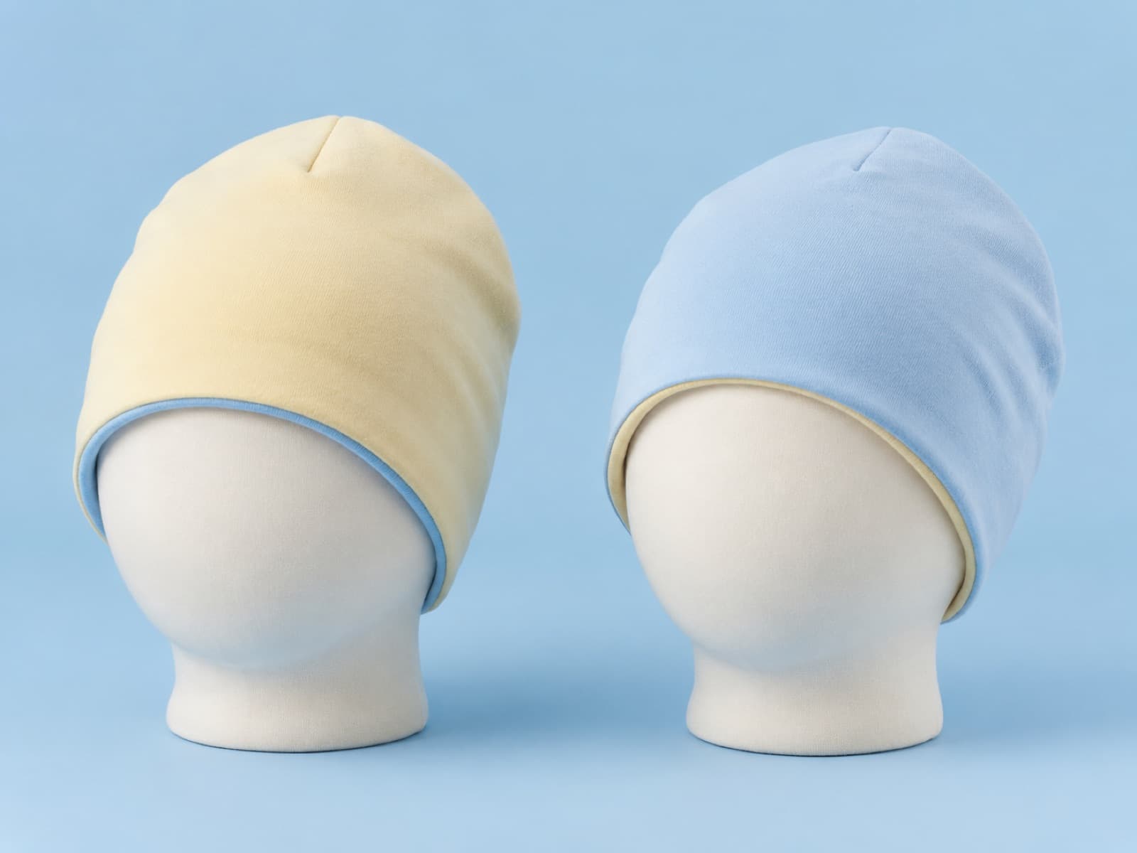 The reversible baby hat shown on both of its faces